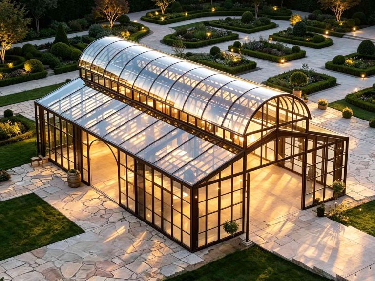 Twilight exterior view of illuminated arched glass conservatory | luxury garden pavilion evening setting